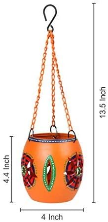Western Eiderdown Presents Home Decorative Metal Table Top Cum Hanging Tea Light Candle Holder (11.2 cm X 11.2 cm X 41.1 cm, Orange, Set of 1) #Aport-033