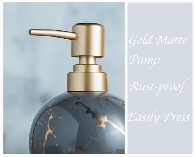 Gold Soap Dispenser for Bathroom or Kitchen, Cute Marble Round Ceramic Lotion Bottle, Rust-Free Pump(White)