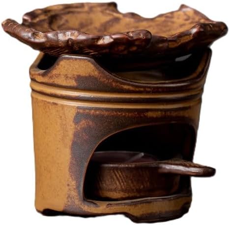 Traditional Chinese Ceramic Incense Burner and Tea Warmer, Brown Stone-Like Finish, 3.94x3.15x3.35 Inches, Multi-Purpose Design with Tea Roasting and Aromatherapy Functions (Irregular-Shaped Stove)