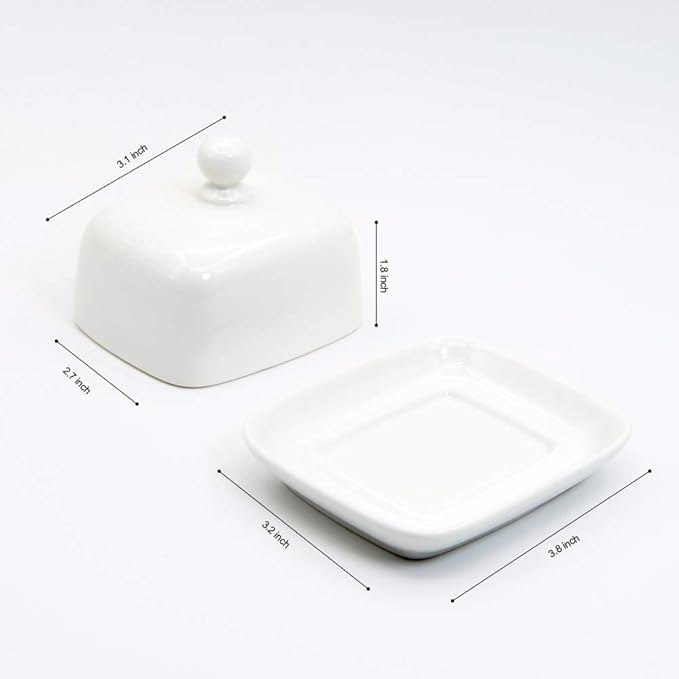 NAGU Small Rectangle Butter Dish with Lid, White Procelain Domed Cheese Dish with Handle Individual Serving Mini Butter Tray, Cute Ceramic Dessert Serving Bowl for Table, Countertop, Refrigerator