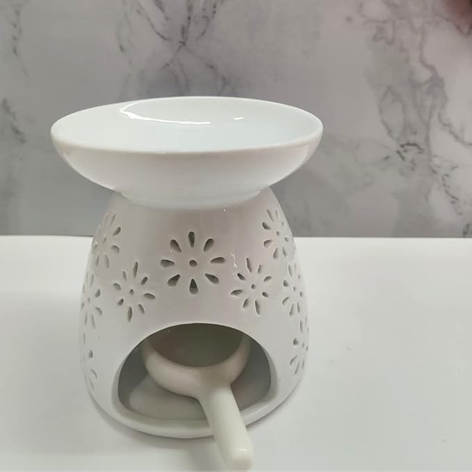 Ceramic Tealight Candle Holder Oil Burner with Spoon, White Aromatherapy Essential Oil Incense Diffuser Furnace for Yoga Spa Home Bedroom Decoration