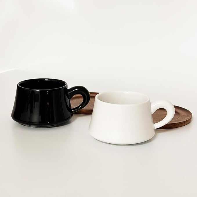 Black Cappuccino Mug and Wood Saucer - 7 oz Ceramic Coffee Cup with Saucer | Microwave Dishwasher Safe | For Tea, Espresso, Latte | Porcelain Cup Set for Kitchen Cafe | Great Gift
