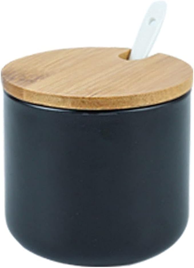 Simple Pure Color Ceramic Spice Jar Seasoning Box Condiment Pot Sugar Bowl with Bamboo Lid and Spoon