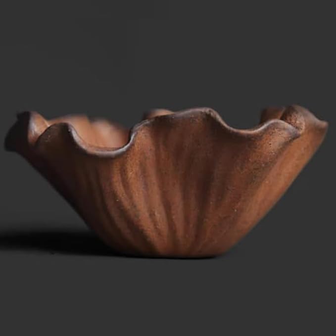 Handmade Chinese Rough Pottery Teacup, Vintage Zen Style Lotus Leaf Design, Small Gongfu Tea Cup for Tea Sake Wine, Earth Brown, Unique Gift for Tea Lovers