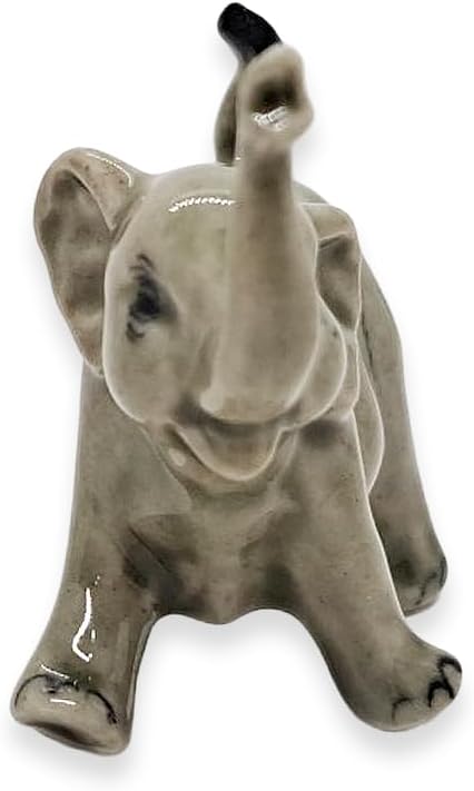 ChangThai Design Tiny 1¾" Light Gray Baby Elephant Walk Lift Trunk Figurine - Miniature Hand Made Painted Ceramic Asian Elephants Cute Wild Animals Porcelain Decorative Collectible Figures Décor Gifts