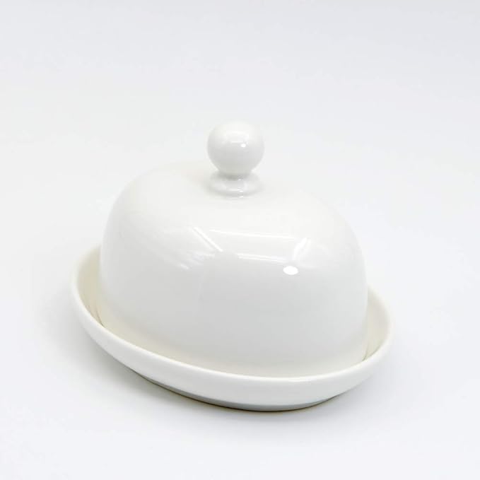 NAGU Mini Oval Butter Dish with Lid, White Procelain Domed Cheese Dish with Handle Individual Serving Small Butter Tray, Cute Ceramic Dessert Serving Bowl for Table, Countertop, Refrigerator