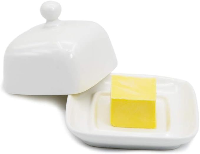 NAGU Mini Square Butter Dish with Lid, White Procelain Domed Cheese Dish with Handle Individual Serving Small Butter Tray, Cute Ceramic Dessert Serving Bowl for Table, Countertop, Refrigerator
