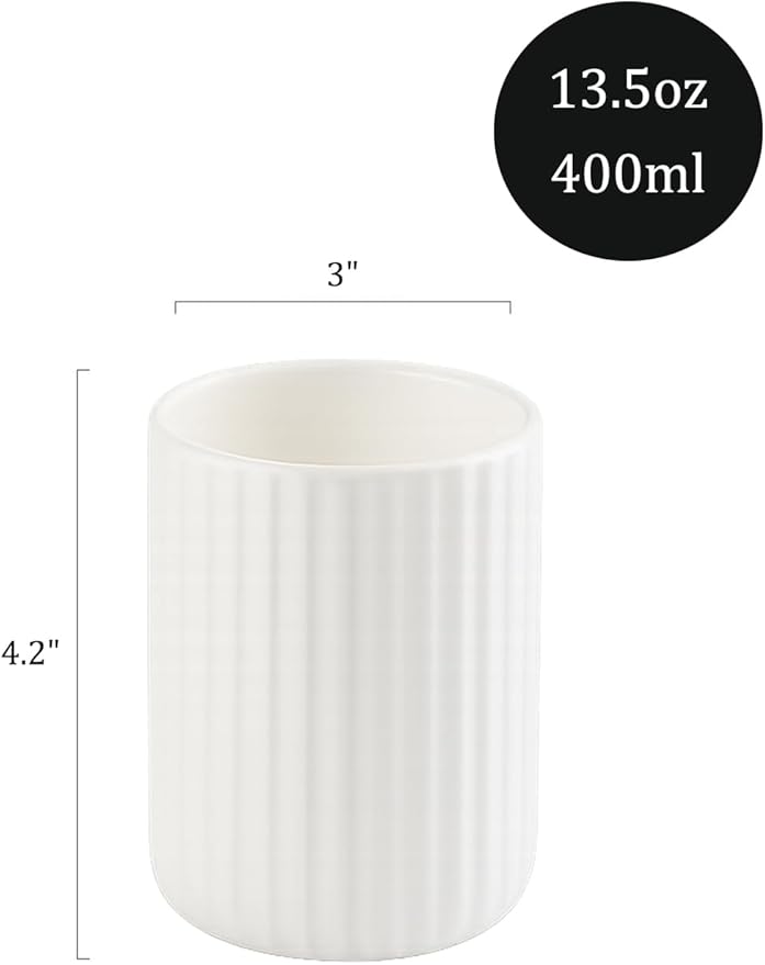 White Ceramic Toothbrush Holder Cup – 13.5oz Bathroom Tumbler with Vertical Stripe Texture, Toothbrush or Makeup Brush Holder