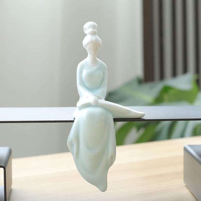 Ceramic Minimalist Statue, Chinese Ancient Beauty Lady Statues and Sculptures Table Top Bookshelf Top Desk/Bookshelf/Dinning Table Home Decor, Yoga/Zen/Meditation Decor (Blue 2)