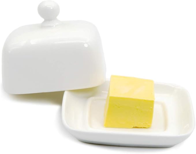 NAGU Small Rectangle Butter Dish with Lid, White Procelain Domed Cheese Dish with Handle Individual Serving Mini Butter Tray, Cute Ceramic Dessert Serving Bowl for Table, Countertop, Refrigerator