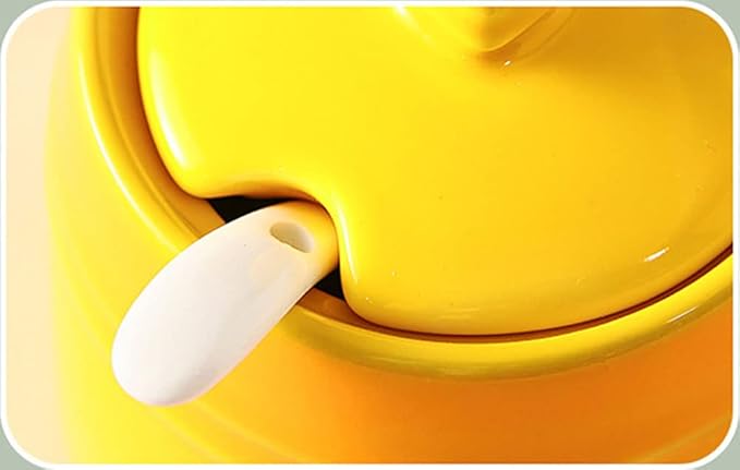 Colourful Ceramic Spice Jar Seasoning Box Condiment Pot Sugar Bowl with Lid Spoon-Yellow