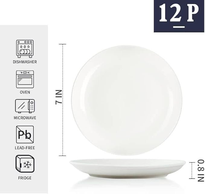 7 Inch Porcelain Small Dinner Plates Set of 12, White Appetizer Plates, Dessert Salad Plates, Ceramic Serving Dishes for Cake, Snack, Ice Cream, Waffles, Microwave, Oven, and Dishwasher Safe