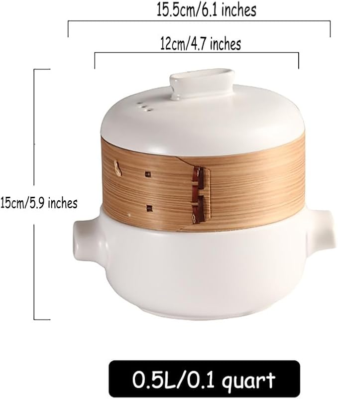 Steamer for Cooking Japanese Ceramic Hot Pot, Earthenware Clay Pot Casserole Steamer Cookware Stew Pot Stockpot with Lid & Steamer Basket for Healthy Cooking, Even Heating,White,0.5L