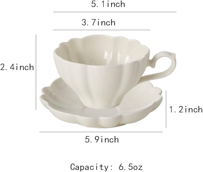 Flower Shaped Ceramic Coffee Cup Teacup with Saucer, Set of 2-White-Green