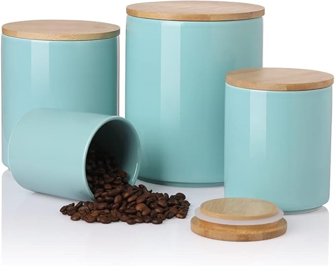 Sweejar Kitchen Canisters Ceramic Food Storage Jar Set, Stackable Containers with Airtight Seal Wooden Lid for Serving Ground Coffee, Tea, Herbs, Grains, Sugar, Salt - Set of 4 (Turquoise)
