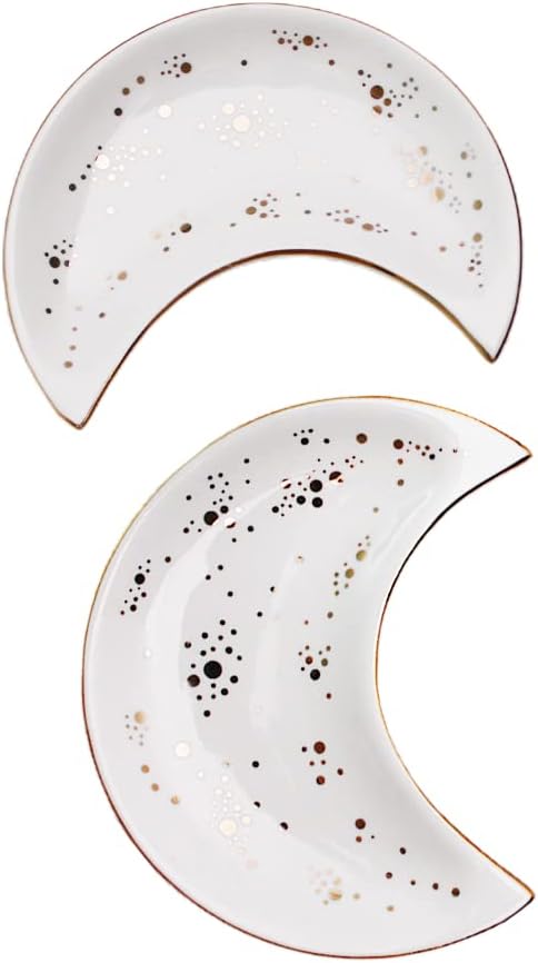 Soddeph Small Moon Ceramic Jewelry Tray, Decorative Trinket Dish, Ring Holder Plate, Modern Accent Tray for Bathroom, Nightstand, Entryway Table, Vanity (2, White)