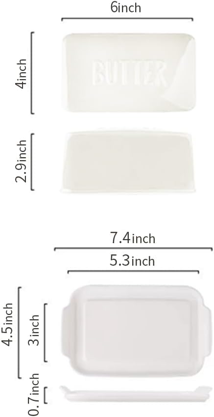 Porcelain Covered Butter Dish with Lid for Countertop Butter Holder Container for One Stick of Butter. Textured Tray Butter Keeper for Non Slip Storage-White