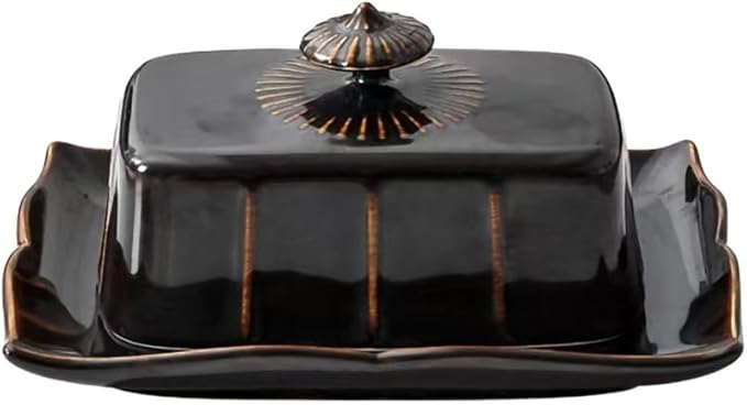 WAIT FLY Vintage Ceramic Butter Dish with Lid for Kitchen Countertop, Home Decorative-Black-1 PCS
