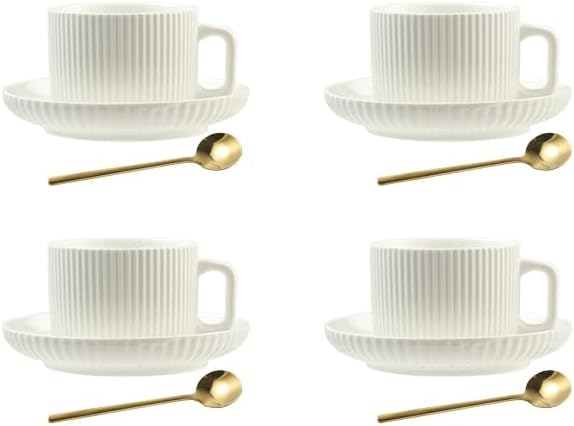 5 Ounce Espresso Cups Set of 4, Small Coffee Cups with Saucers and Spoons, White Cream Ceramic Demitasse Espresso Mugs