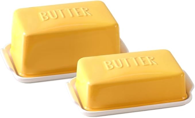 Porcelain Covered Butter Dish with Lid for Countertop Butter Holder Container for One Stick of Butter. Textured Tray Butter Keeper for Non Slip Storage-YELLOW SMALL