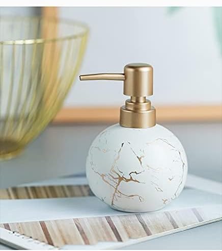 Gold Soap Dispenser for Bathroom or Kitchen, Cute Marble Round Ceramic Lotion Bottle, Rust-Free Pump(White)