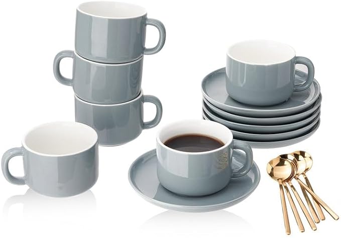 8oz Cappuccino Cups Set of 6, Ceramic Coffee Cups and Saucers Set with Spoons, Gray Durable Coffee Cups for Cappuccino Espresso Latte Mocha Au Lait Macchiato Cafe