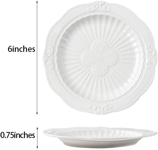 White Small Dessert Plates Set of 4,Ceramic Dinner Dishes 6 Inch for Appetizer, Fruits, Cake, Salad,Microwave Safe,Christmas Gift