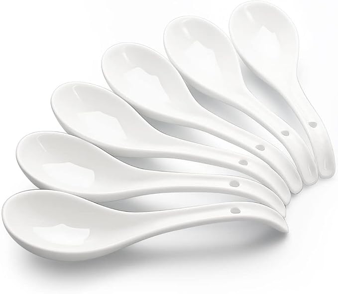 YFWOOD 6.75 inch Ceramic Asian Soup Spoons - White Large Japanese Spoons for Ramen Pho Wonton Soup Dumpling Miso, Set of 6