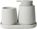 BosilunLife Bathroom Accessories Set 3 pcs - Bathroom Ceramic Foaming Soap Dispenser Set Farmhouse Bathroom Decor, Foam Soap Dispenser and Toothbrush Holder with Tray, Light Grey
