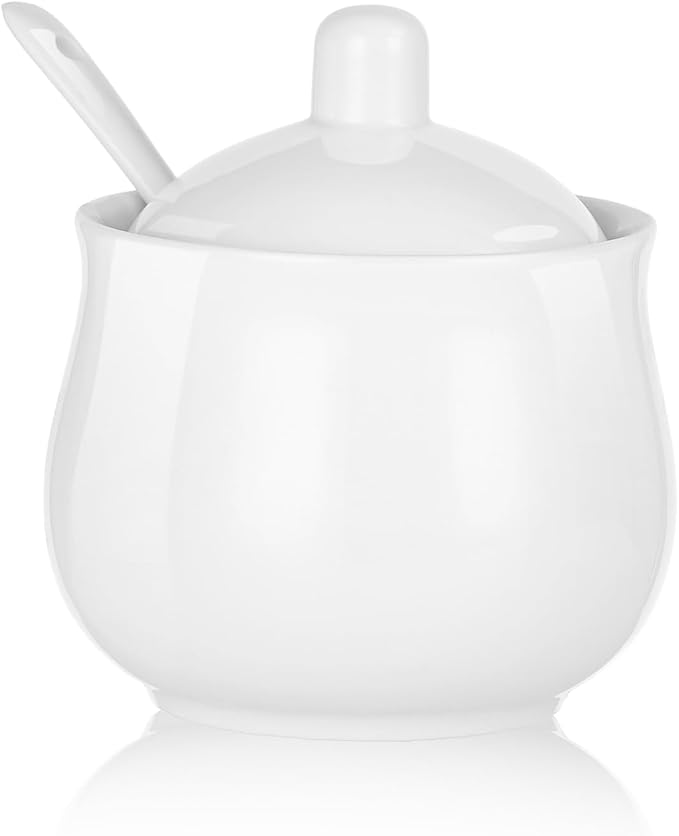 Ceramic Sugar Bowl with Lid and Spoon, Porcelain Sugar Salt Pepper Storage Jar, 7 Ounces