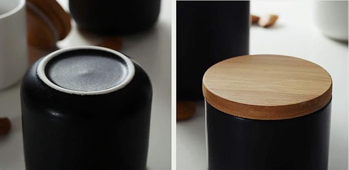 Ceramic Pure Color Sugar Bowl Spice Jar Storage Pot with Wooden Lid