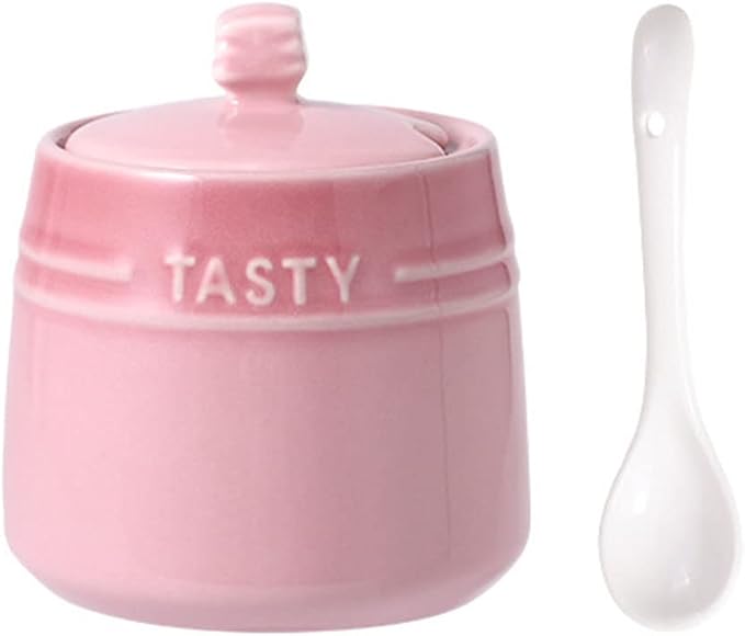 Colourful Ceramic Spice Jar Seasoning Box Condiment Pot Sugar Bowl with Lid Spoon-Pink