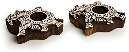 Western Eiderdown Presents Elephant Hand-Carved Block Tea Light Holder (Set of 2, Sheesham Wood) - Decorative Tea Light Candle Holder for Home Décor Votive Tea Light Holder T #Aport-200