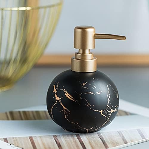 Gold Soap Dispenser for Bathroom or Kitchen, Cute Marble Round Ceramic Lotion Bottle, Rust-Free Pump(Black)