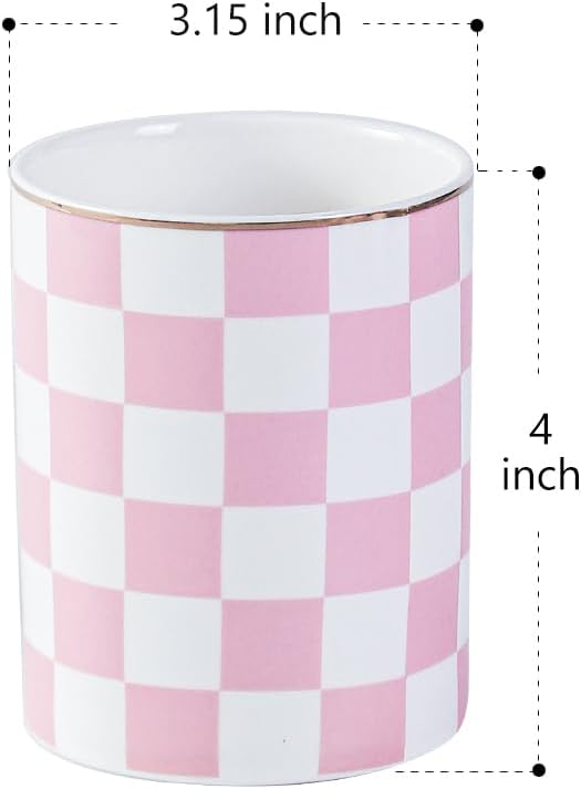Ceramic Toothbrush Holder Toothpaste Holders, Cute Bathroom Tumbler Cups Reusable,Checkered Bathroom Counter Decor Organizer, Makeup Brush Holder,Pen Holder (Pink)