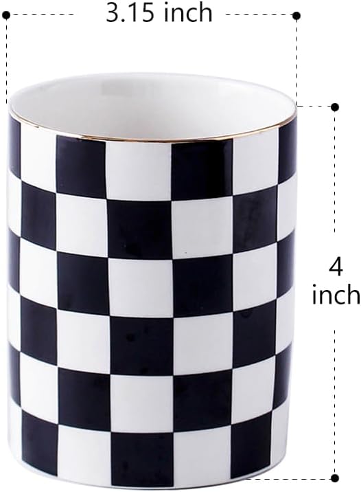 Ceramic Toothbrush Holder Toothpaste Holders, Cute Bathroom Tumbler Cups Reusable,Checkered Bathroom Counter Decor Organizer, Makeup Brush Holder,Pen Holder (Black)