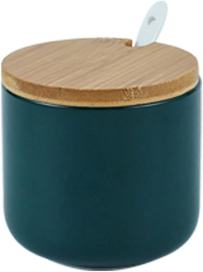 Simple Pure Color Ceramic Spice Jar Seasoning Box Condiment Pot Sugar Bowl with Bamboo Lid and Spoon