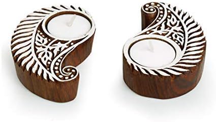 Western Eiderdown Presents Paisley Hand-Carved Blocks Tea-Light Holders (Set of 2, Sheesham Wood) - Decorative Tea Light Candle Holder for Home Décor Votive Tea Light Holder T #Aport-203