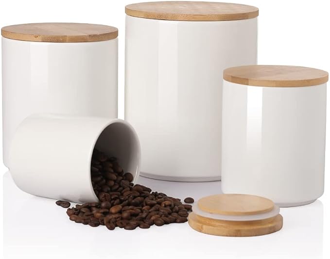 Sweejar Kitchen Canisters Ceramic Food Storage Jar Set, Stackable Containers with Airtight Seal Wooden Lid for Serving Ground Coffee, Tea, Herbs, Grains, Sugar, Salt - Set of 4 (White)