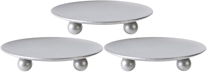 Scwhousi Silver Iron Plate Candle Holder, Decorative Iron Pillar Candle Holder, Set of 3,Candle Stand for Wax Candles