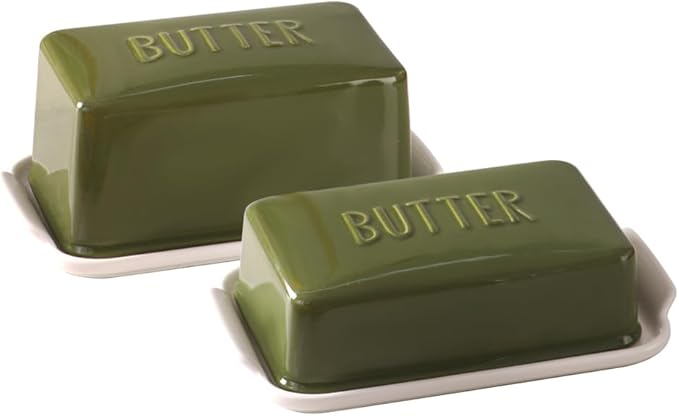 Porcelain Covered Butter Dish with Lid for Countertop Butter Holder Container for One Stick of Butter. Textured Tray Butter Keeper for Non Slip Storage-GREEN BIG