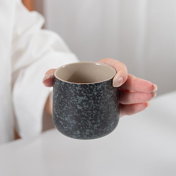 TEANAGOO Japanese Tea Cups Set of 4pcs, 6.9oz/205ml Elegant Ceramic Matcha Cups with Flat Base, Charcoal Black Handleless Coffee Mugs, Microwave & Dishwasher Safe, Beautiful Gift Box