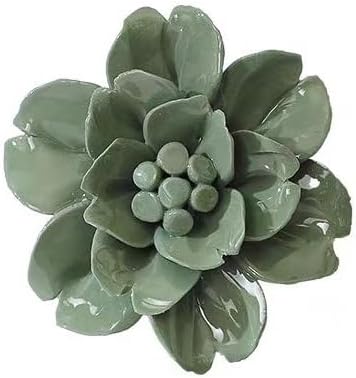 Snow Lotus，3.54" Ceramic Flower Wall Art, Artificial 3D Flower Wall Art, Handmade 3D Wall Art Hanging Sculpture, Porcelain Flower Wall Decoration for Home Office Decor (Dark Green)