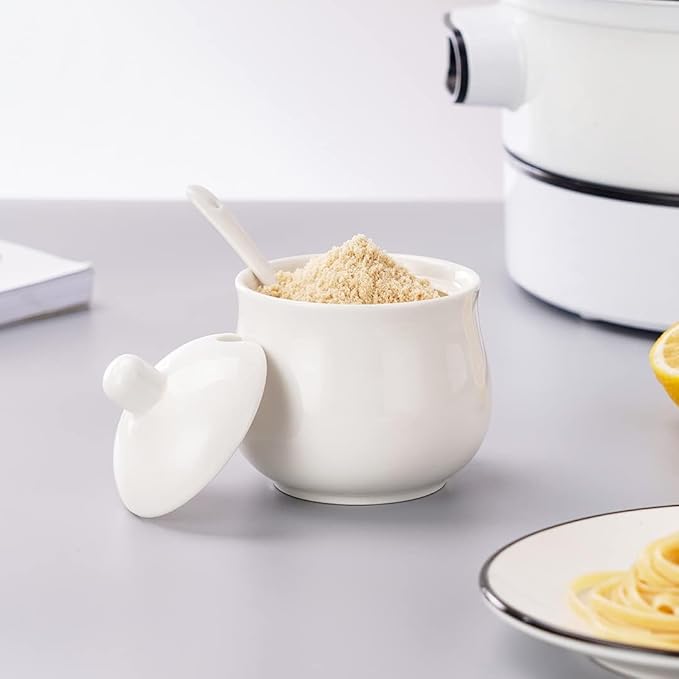 Ceramic Sugar Bowl with Lid and Spoon, Porcelain Sugar Salt Pepper Storage Jar, 7 Ounces
