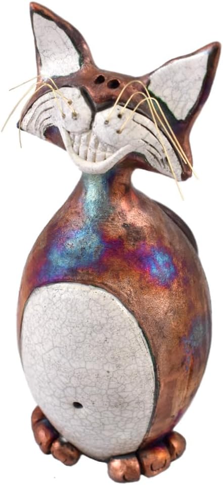 Modern Artisans American Made Whimsical Smiling Cat Raku Pottery Tabletop Sculpture, 10"