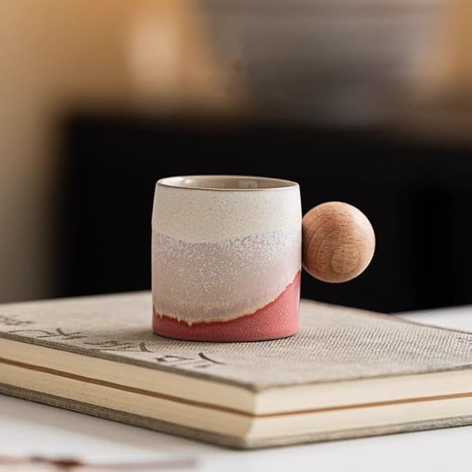 2.4oz Ceramic Espresso Cups Set of 4, Small Coffee Cups with Wooden Handle, Gradient Color Demitasse Cups, Ceramic Tea Cups Gift Box Packaging (Round Handle)