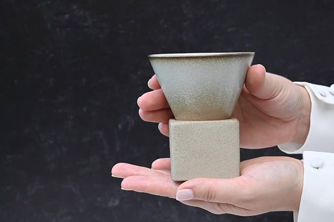 aprikalife Japanese Pottery Coffee Mug with Base 200ml - Ceramic Handmade Triangle Cone Funnel Shaped Retro Tea Cup - Dishwasher & Microwave Safe Coffee Cup for Tea, Cocoa, Espresso & Latte