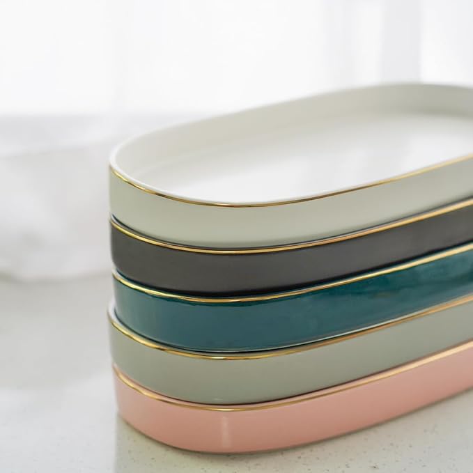 10x5 Bathroom Vanity Tray, Oval Ceramic Decorative Perfume Candle Tray for Bathroom/Kitchen Counter, Pink