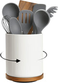 Utensil Holder, 360° Rotating Extra Large Ceramic Kitchen Utensil Holder for Countertop 7.3“ Cooking Utensil Crocks for Kitchen Counter with Rotatable Wooden Base, Farmhouse Decor, White