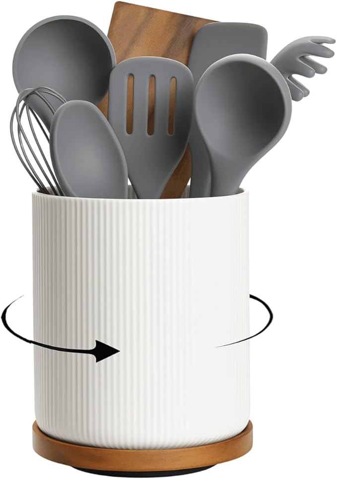 Utensil Holder, 360° Rotating Extra Large Ceramic Kitchen Utensil Holder for Countertop 7.3“ Cooking Utensil Crocks for Kitchen Counter with Rotatable Wooden Base, Farmhouse Decor, White